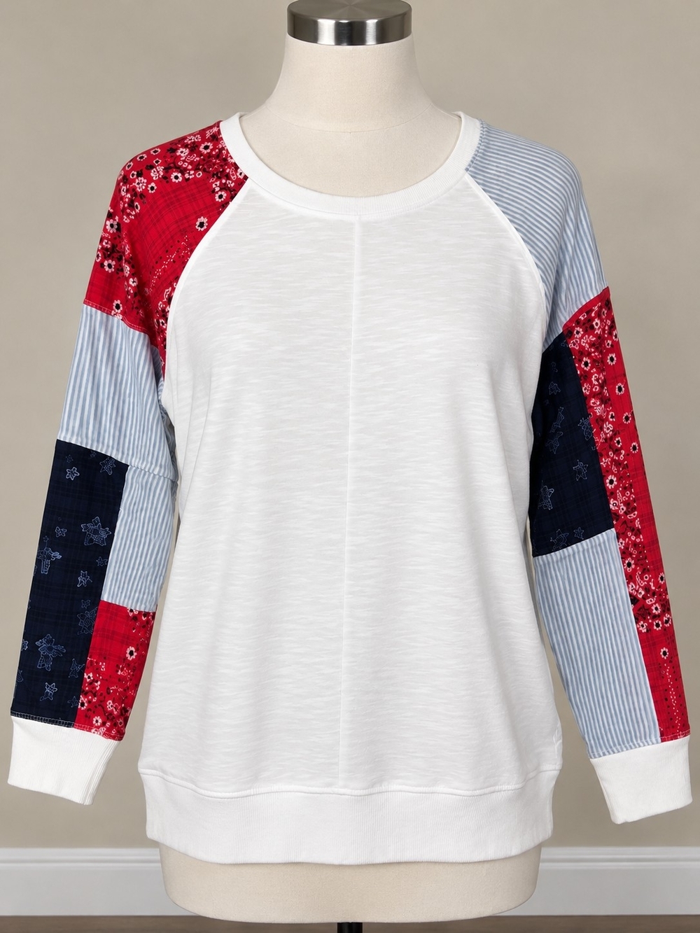 Style & Co. White Raglan Pullover with Red & Navy Patchwork Sleeves